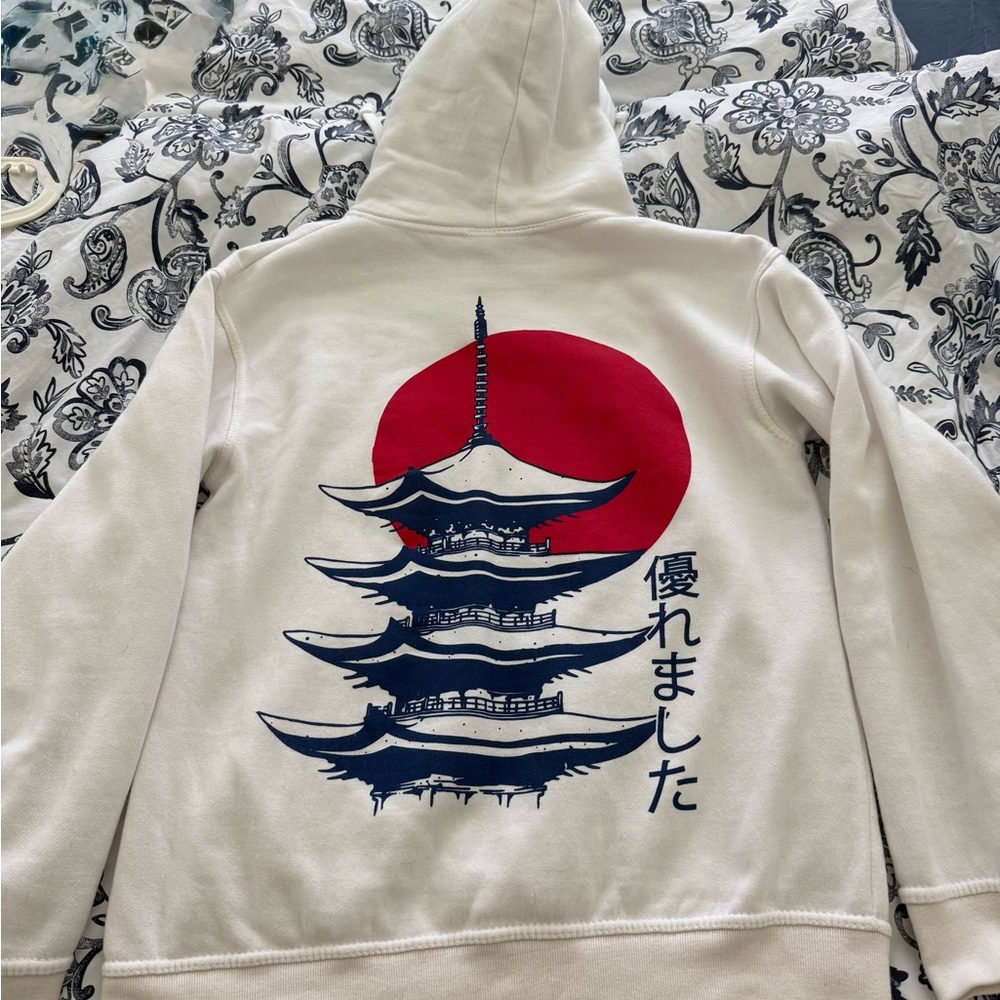 Call Your Mother White Hoodie w Red and Blue Pagoda(back) / Mount Fuji (front)
